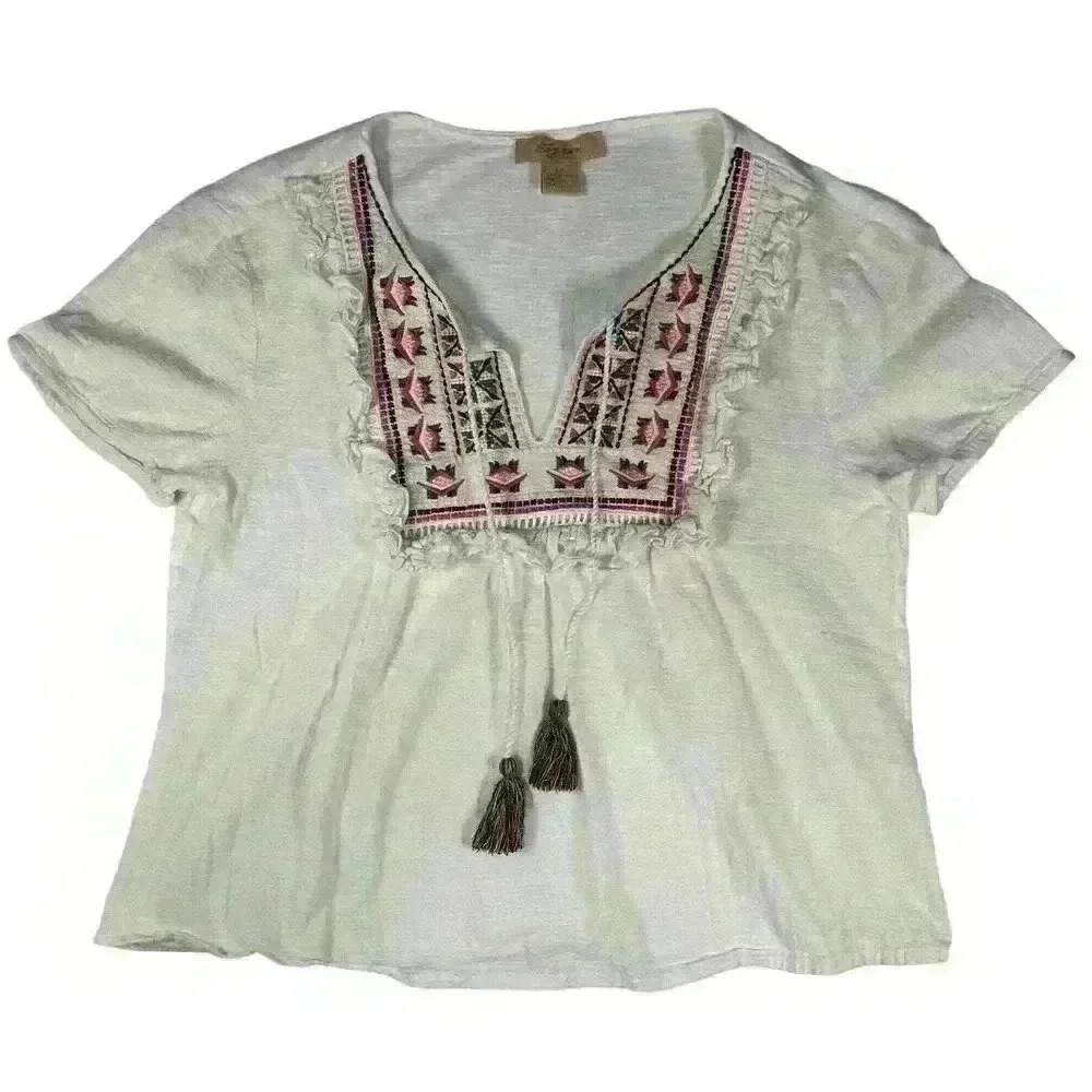 KYRA Embroidered V Neck Keyhole Tie Lightweight Cotton Short Sleeve Top Women PS